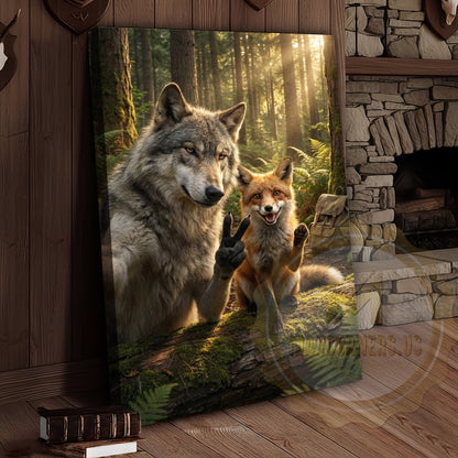 Funny Forest Animals Canvas - Wolf Fox Rabbit Sunlight Scene Decor