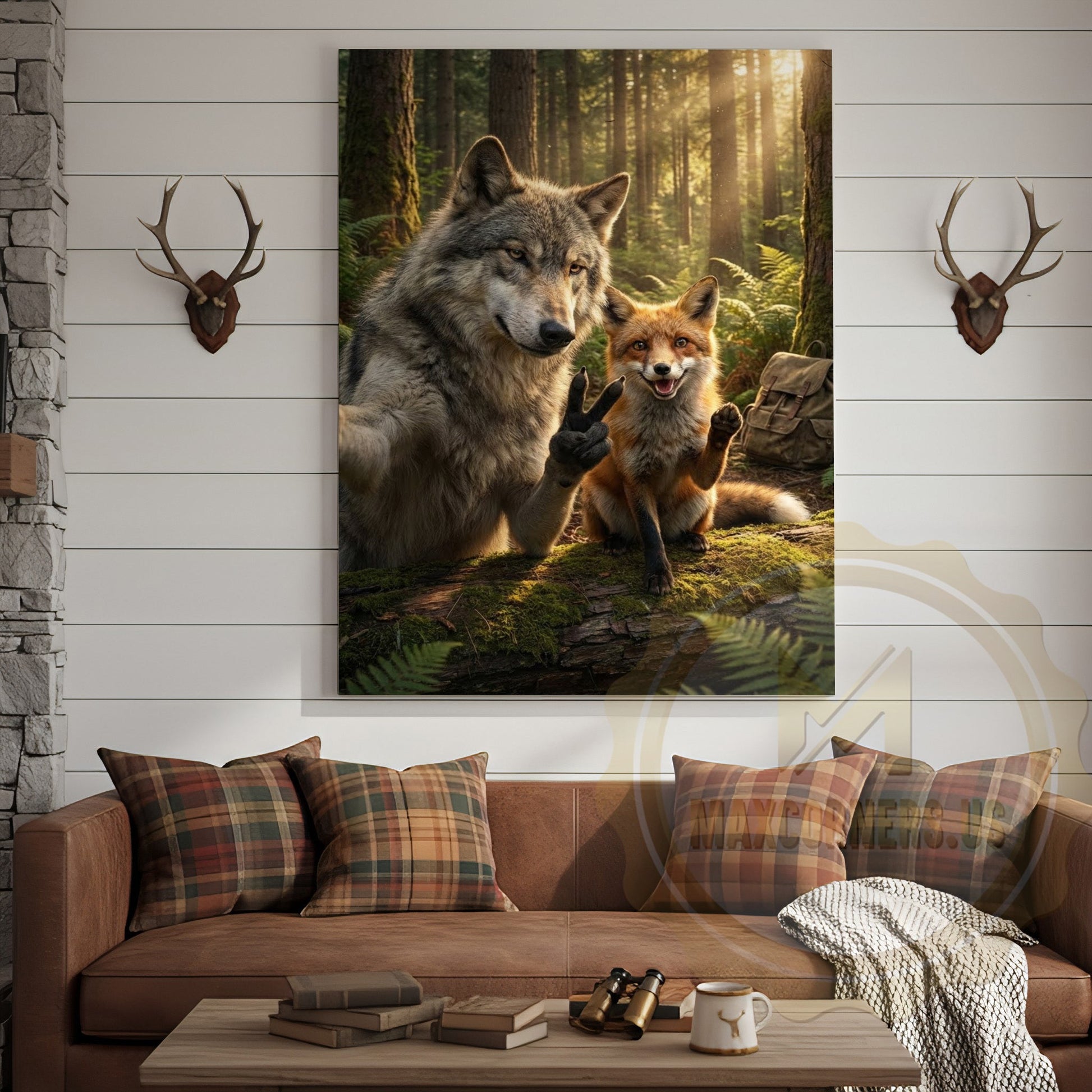 Funny Forest Animals Canvas - Wolf Fox Rabbit Sunlight Scene Decor