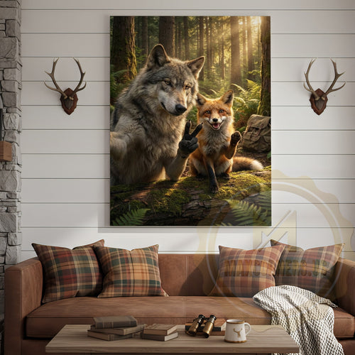 Funny Forest Animals Canvas - Wolf Fox Rabbit Sunlight Scene Decor