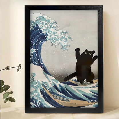 The Wave Riding Black Cat – Dramatic Ocean Feline Wall Art on Natural Wood Grain Canvas