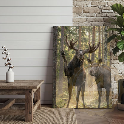 Friendly Moose Canvas Wall Art - Waving Forest Wildlife Pair Print