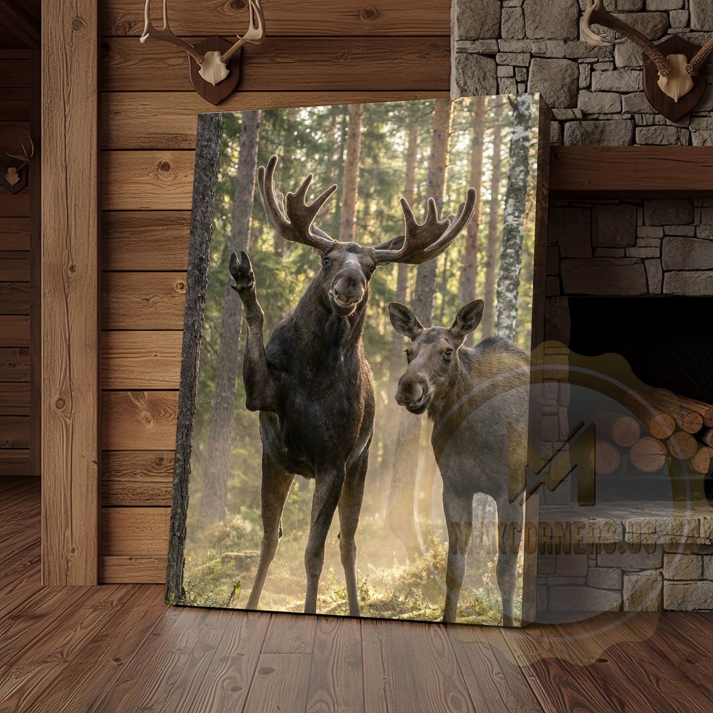 Friendly Moose Canvas Wall Art - Waving Forest Wildlife Pair Print