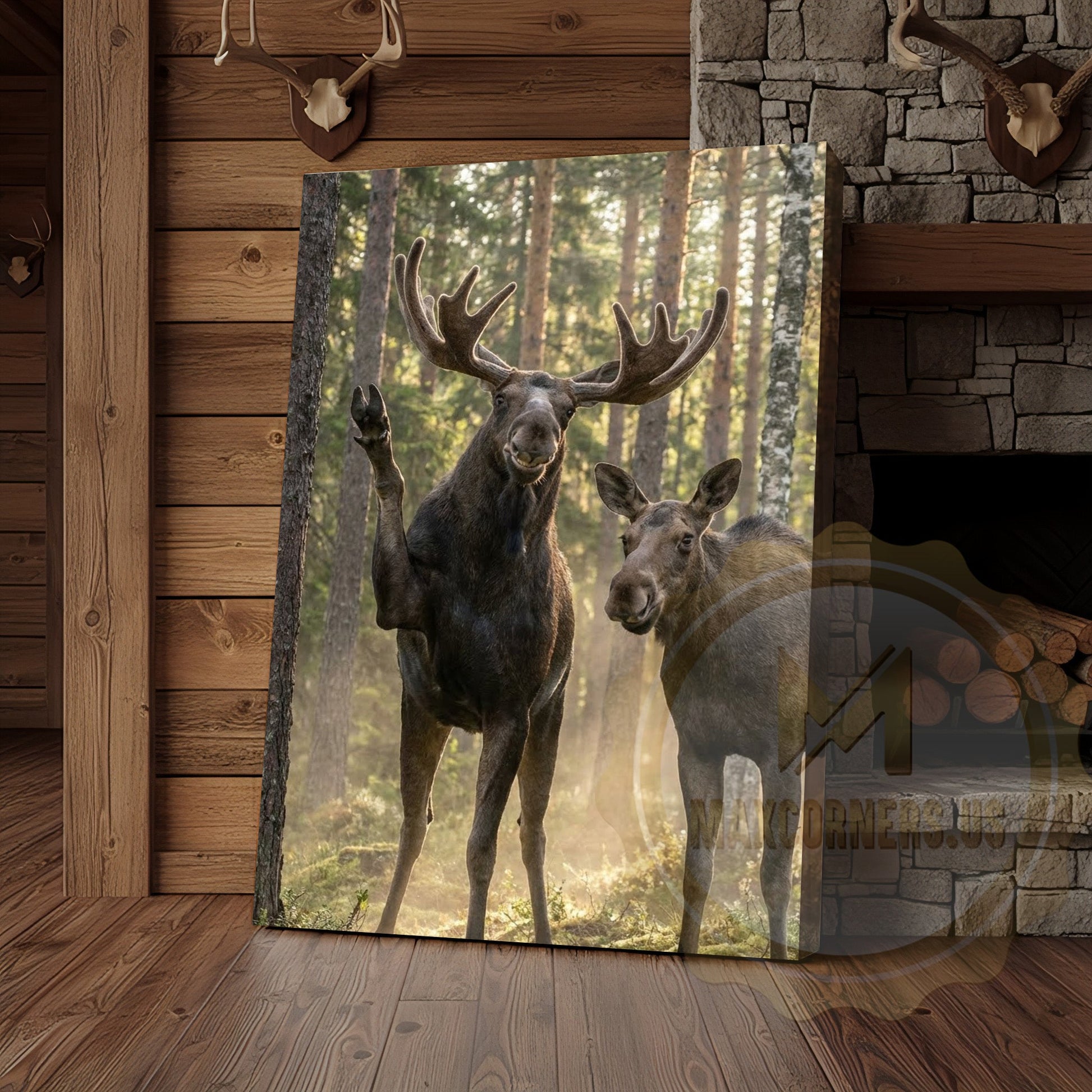 Friendly Moose Canvas Wall Art - Waving Forest Wildlife Pair Print