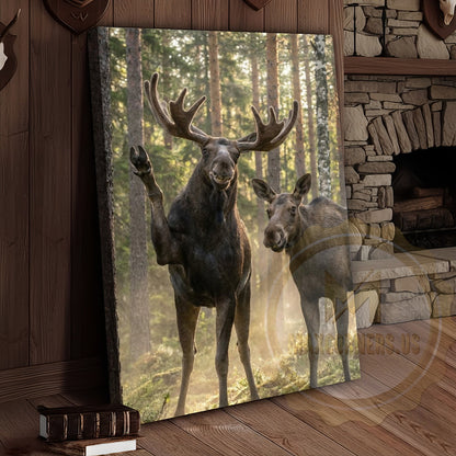 Friendly Moose Canvas Wall Art - Waving Forest Wildlife Pair Print
