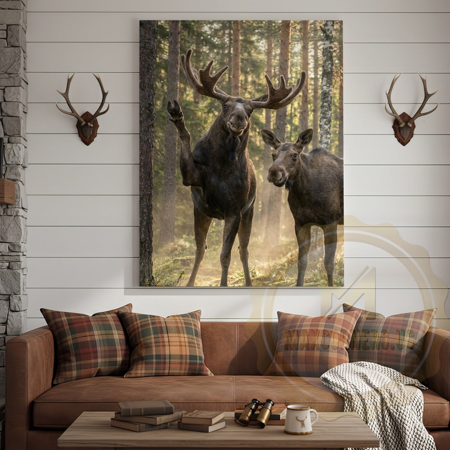 Friendly Moose Canvas Wall Art - Waving Forest Wildlife Pair Print