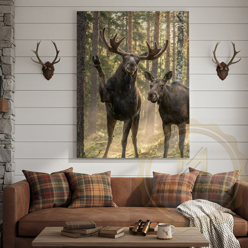 Friendly Moose Canvas Wall Art - Waving Forest Wildlife Pair Print
