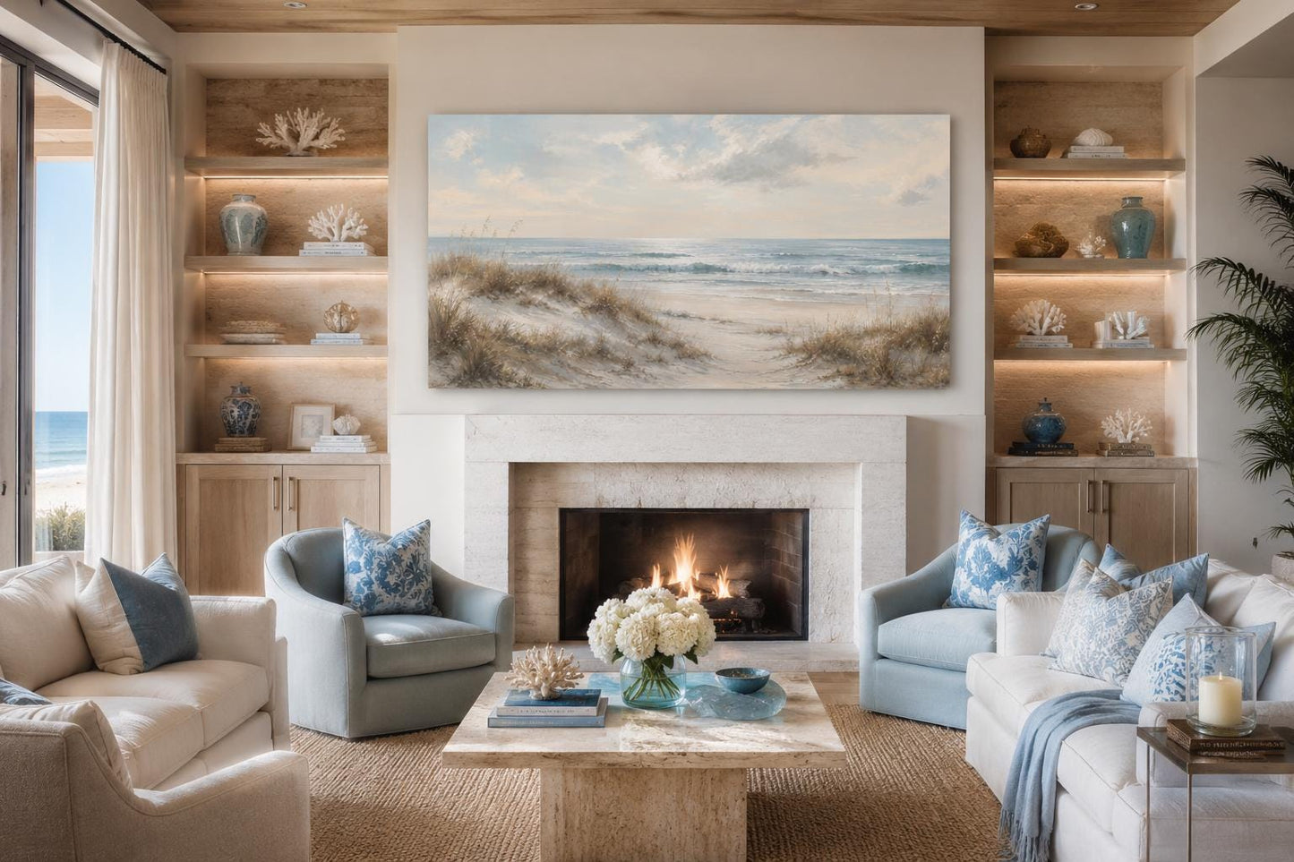 Sandy Beach Dunes with Sea Grass and Rolling Waves Wall Art