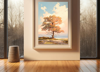 Oak Tree Canvas Art – Abstract Nature Print | Scenic Sunset Painting, Framed Canvas