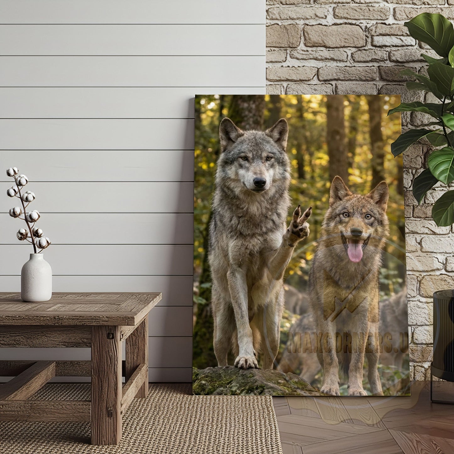 Humorous Wolf Pack Canvas Art - Forest Friends Waving Print