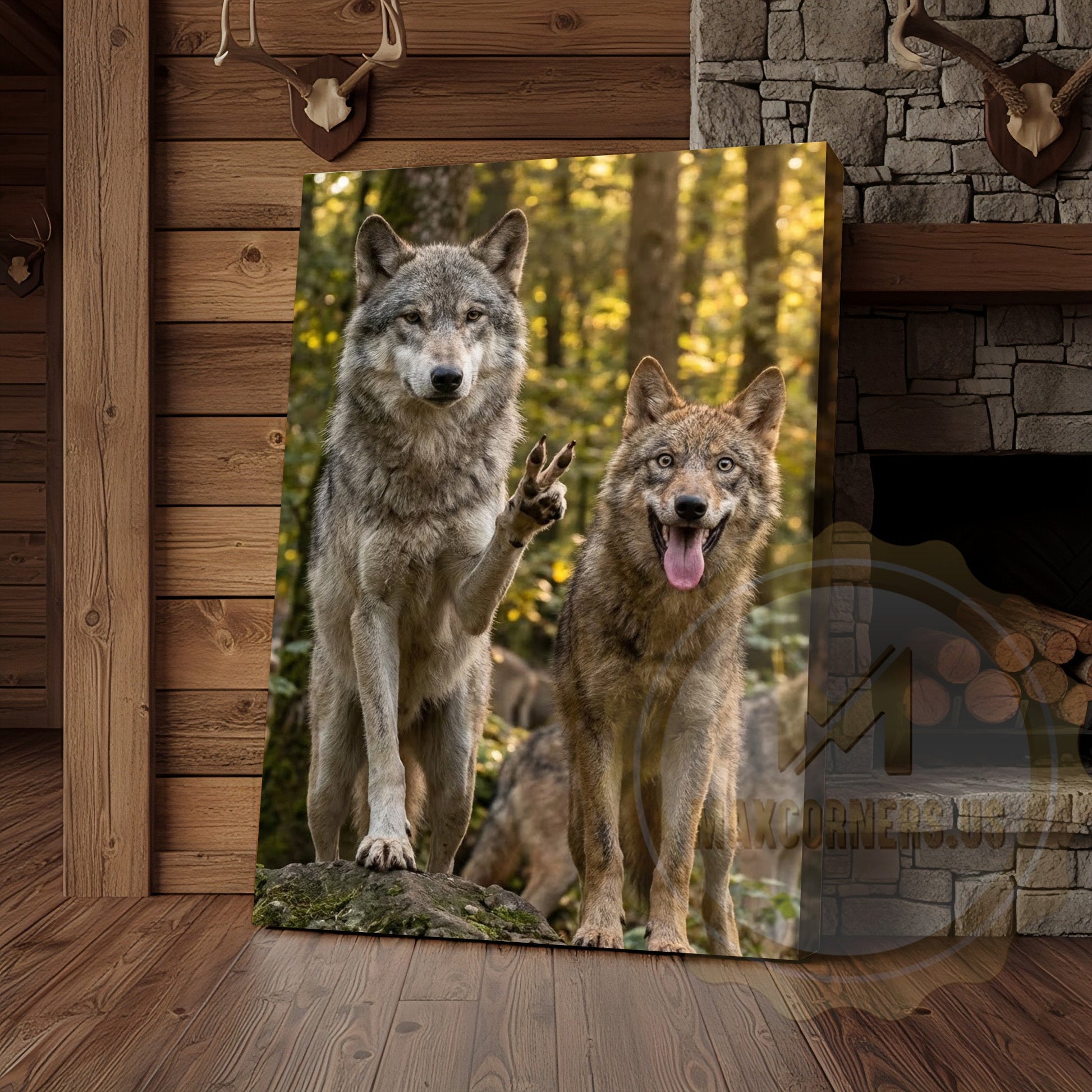 Humorous Wolf Pack Canvas Art - Forest Friends Waving Print