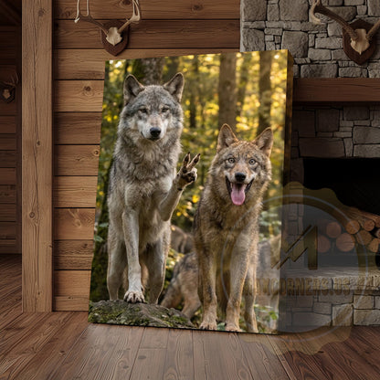 Humorous Wolf Pack Canvas Art - Forest Friends Waving Print