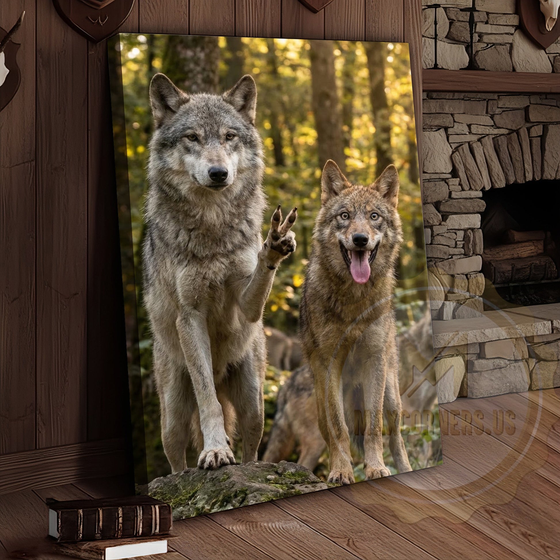 Humorous Wolf Pack Canvas Art - Forest Friends Waving Print