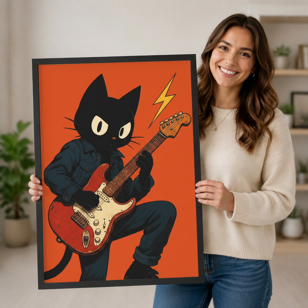 Rock Cat Guitar Retro Canvas Wall Art