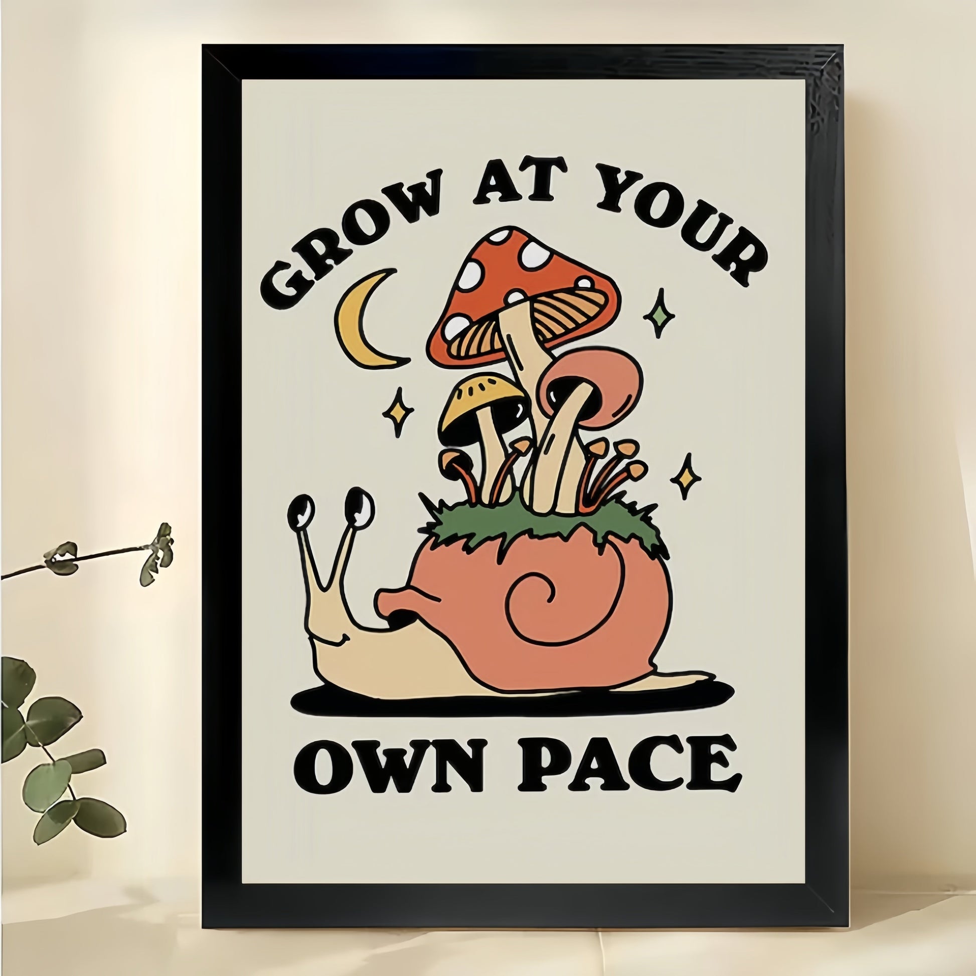 Grow At Your Own Pace Mushroom Snail – Whimsical Motivational Wall Art on Natural Wood Canvas