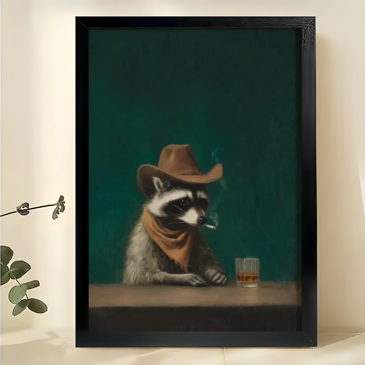 Bar Raccoon – Vintage Western Dapper Animal Wall Art on Natural Wood Canvas