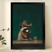 Bar Raccoon – Vintage Western Dapper Animal Wall Art on Natural Wood Canvas