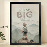 "Dream Big Little One" Wall Art – Inspirational Mountain Child Canvas Print on Natural Wood Frame