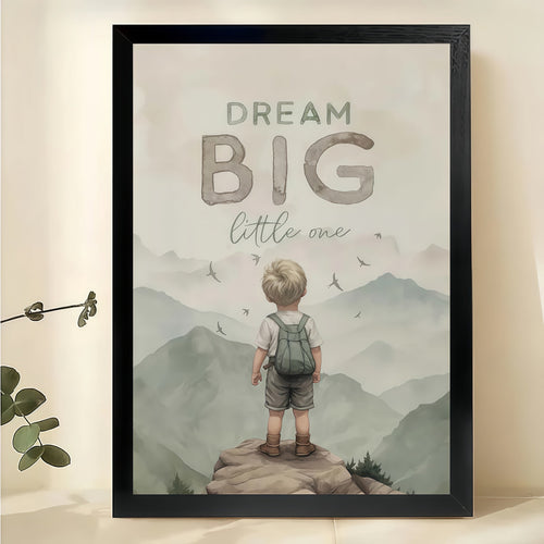 "Dream Big Little One" Wall Art – Inspirational Mountain Child Canvas Print on Natural Wood Frame
