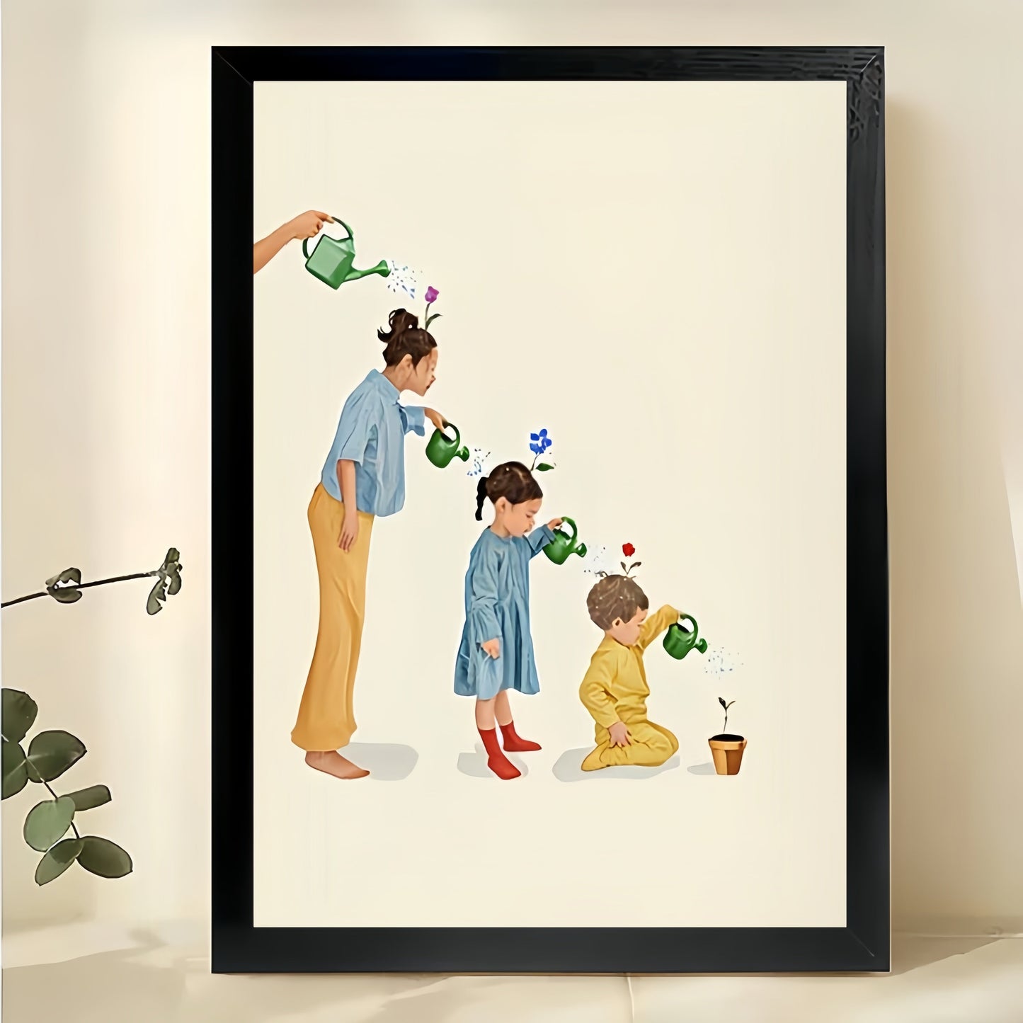 Family Watering Moments – Whimsical Family Illustration Wall Art on Natural Wood Canvas