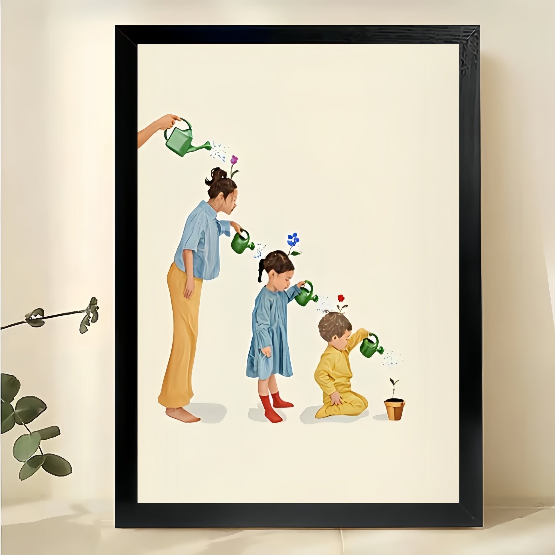 Family Watering Moments – Whimsical Family Illustration Wall Art on Natural Wood Canvas