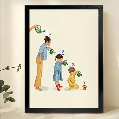 Family Watering Moments – Whimsical Family Illustration Wall Art on Natural Wood Canvas
