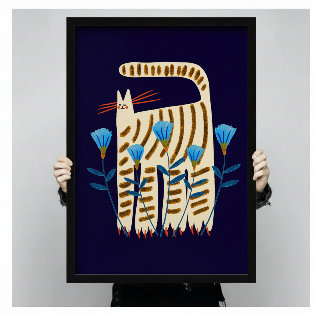 Folk Art Striped Cat Floral Canvas Art Wall Art