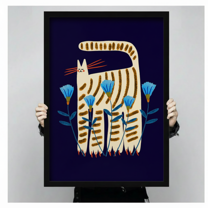Folk Art Striped Cat Floral Canvas Art Wall Art