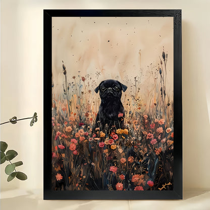 Black Dog in Wildflower Field – Watercolor Style Nature Wall Art on Natural Wood Canvas