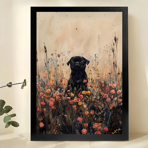 Black Dog in Wildflower Field – Watercolor Style Nature Wall Art on Natural Wood Canvas