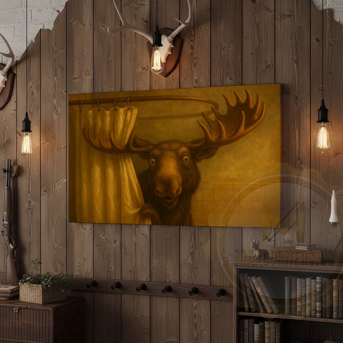 Moose Peeking from Shower Curtain Wrapped Canvas