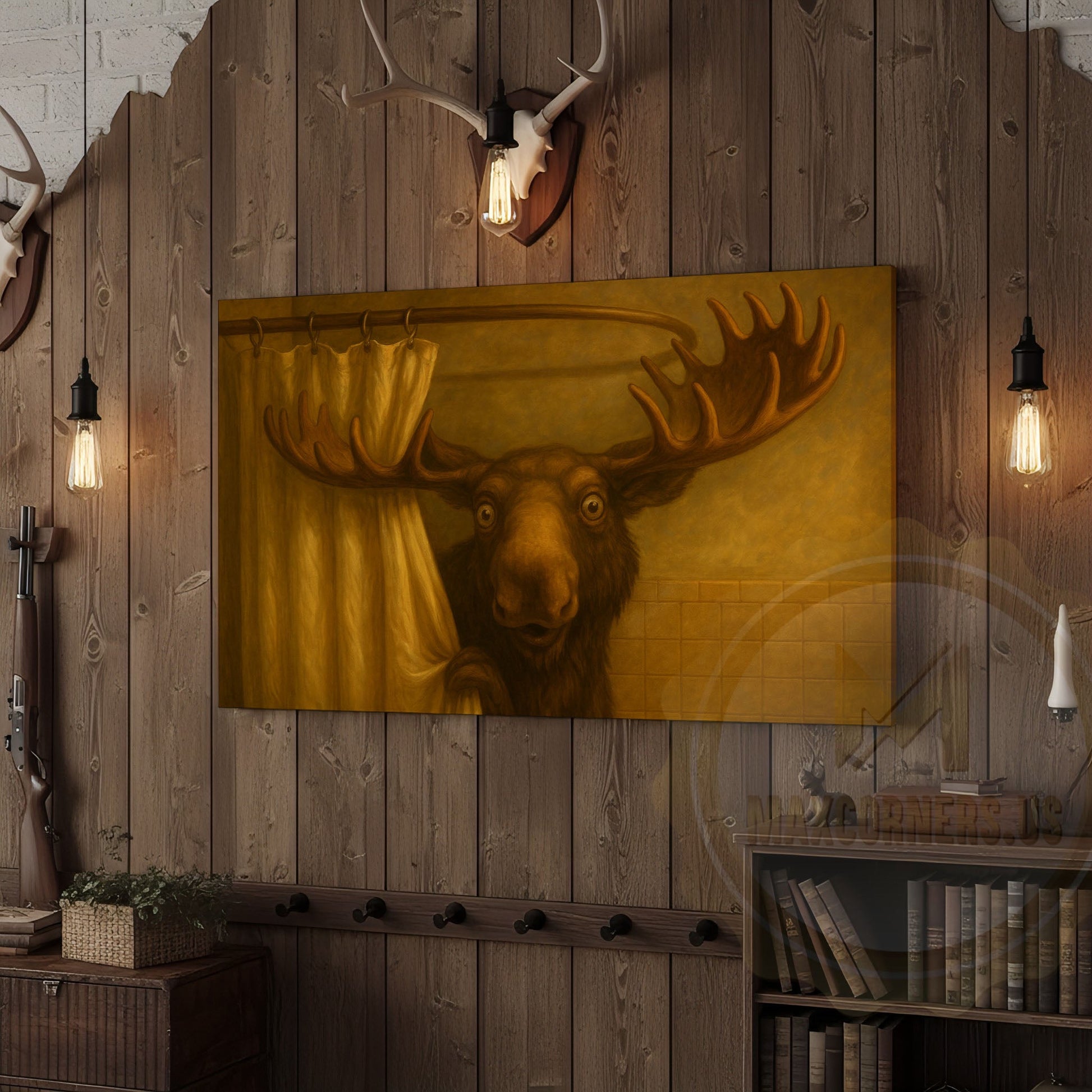 Moose Peeking from Shower Curtain Wrapped Canvas
