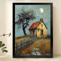 Rustic Cottage Moonlit Landscape – Vintage Countryside Wall Art on Natural Wood Canvas