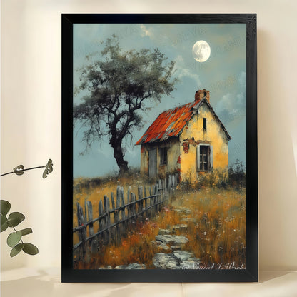 Rustic Cottage Moonlit Landscape – Vintage Countryside Wall Art on Natural Wood Canvas