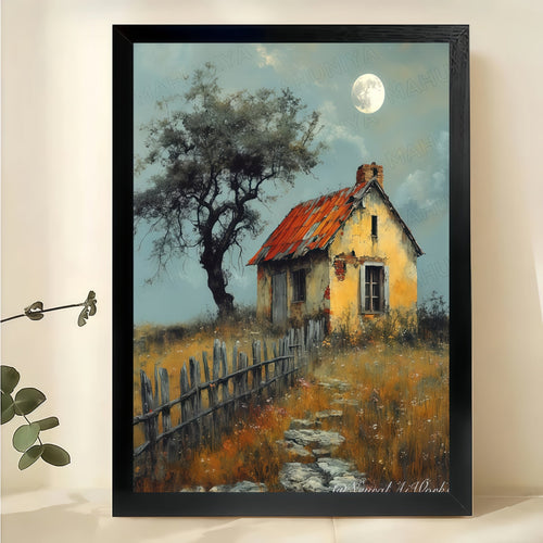 Rustic Cottage Moonlit Landscape – Vintage Countryside Wall Art on Natural Wood Canvas