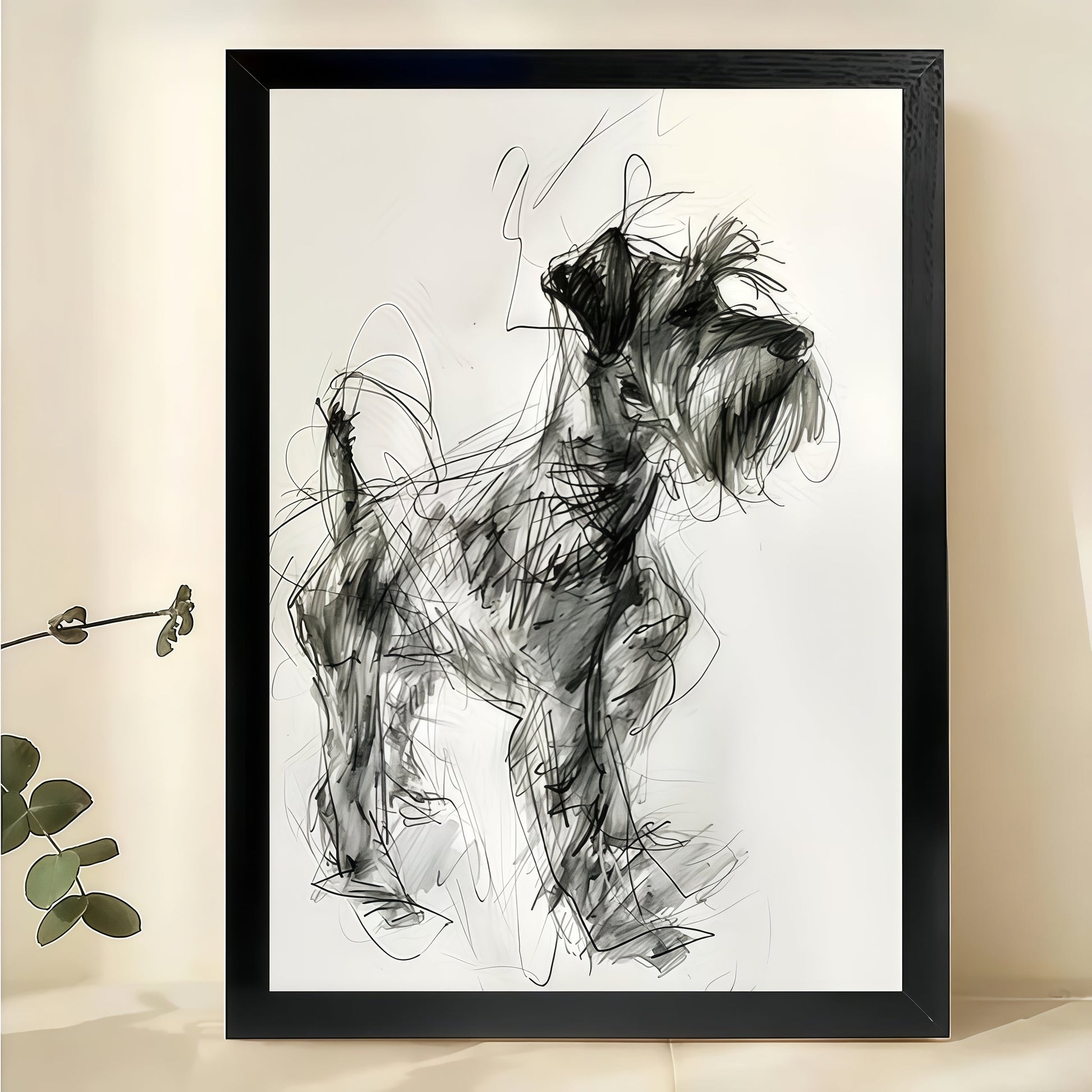 Sketch Style Schnauzer – Hand Drawn Dog Wall Art on Natural Wood Canvas