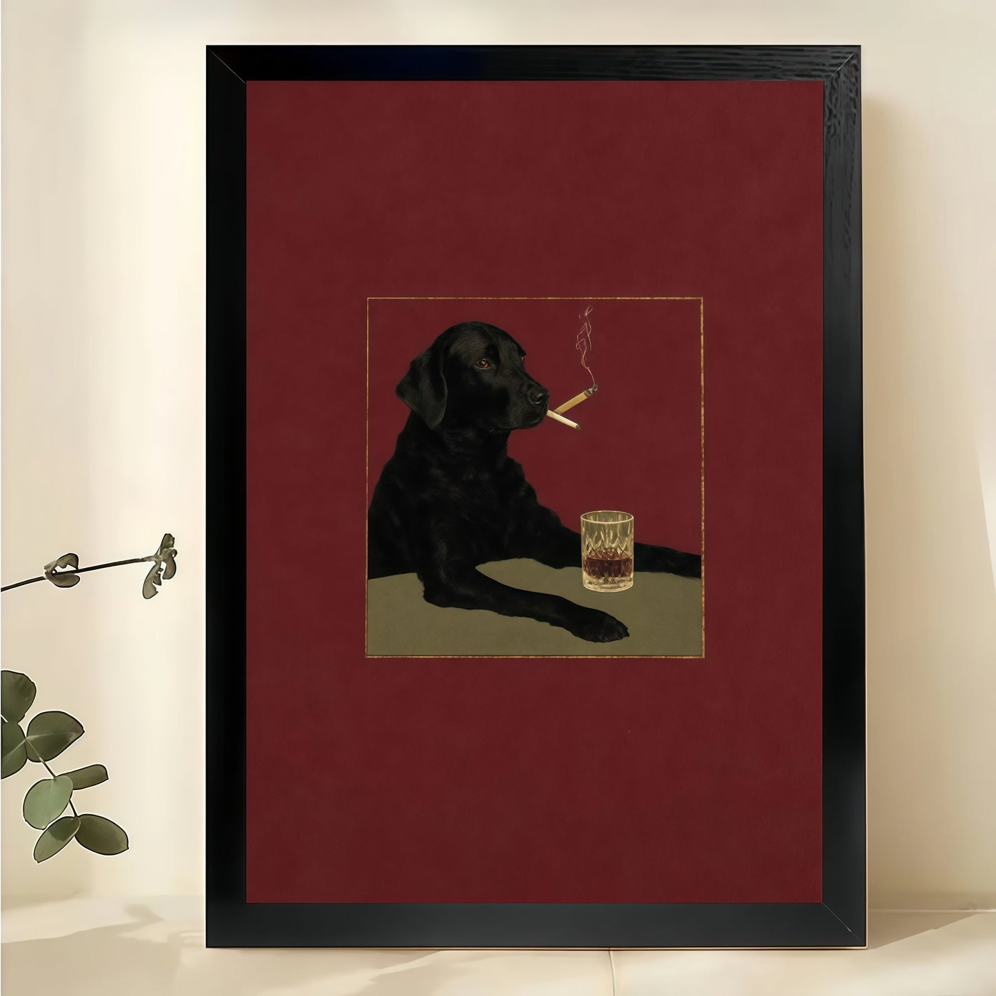 Black Dog Smoking – Retro Humorous Parody Wall Art on Natural Wood Canvas