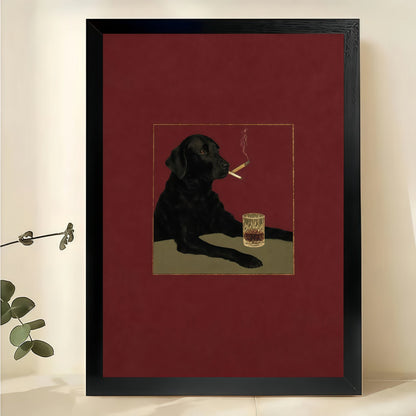Black Dog Smoking – Retro Humorous Parody Wall Art on Natural Wood Canvas