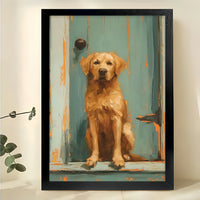 Golden Retriever at Blue Door – Rustic Oil Painting Style Dog Wall Art on Natural Wood Canvas