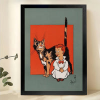 Boy with Tall Cat Wall Art – Retro Cartoon Pet Canvas Print on Natural Wood Frame