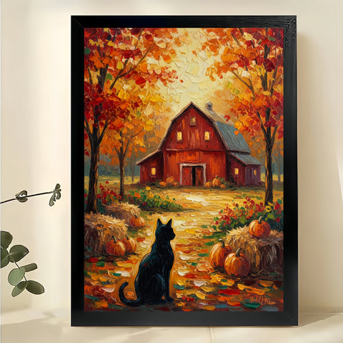 The Autumn Barn Black Cat – Warm Rustic Wall Art on Natural Wood Canvas