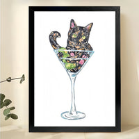 Tortoiseshell Cat in Martini – Whimsical Cocktail Cat Wall Art on Natural Wood Canvas