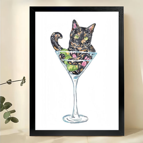 Tortoiseshell Cat in Martini – Whimsical Cocktail Cat Wall Art on Natural Wood Canvas