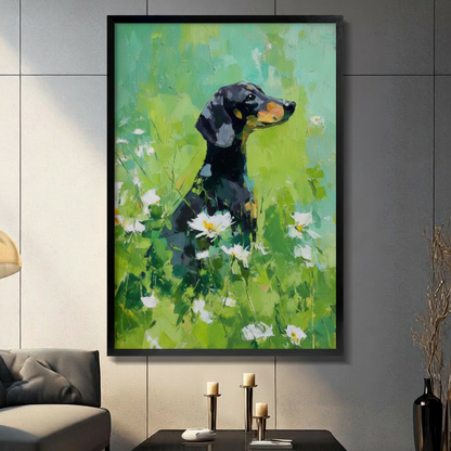 Dachshund Daisy Field Impressionist Canvas Wall Art