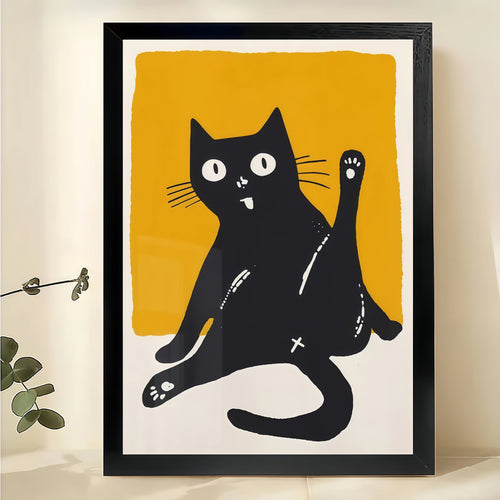 Silly Black Cat – Minimalist Mid-Century Modern Wall Art on Natural Wood Canvas
