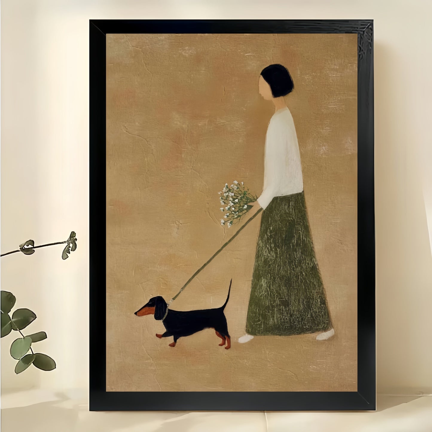 Minimalist Girl Walking Dachshund Wall Art – Warm Neutral Pet Canvas Print (Unframed Rolled Canvas)