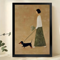 Minimalist Girl Walking Dachshund Wall Art – Warm Neutral Pet Canvas Print (Unframed Rolled Canvas)