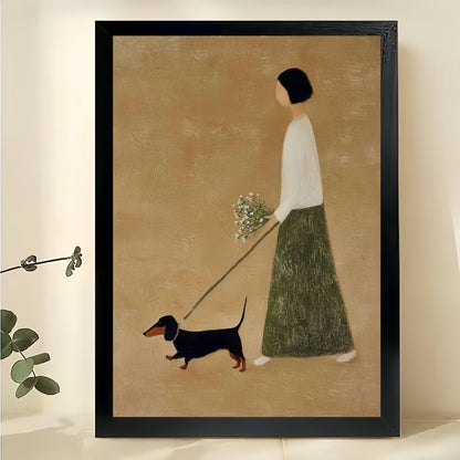 Minimalist Girl Walking Dachshund Wall Art – Warm Neutral Pet Canvas Print (Unframed Rolled Canvas)
