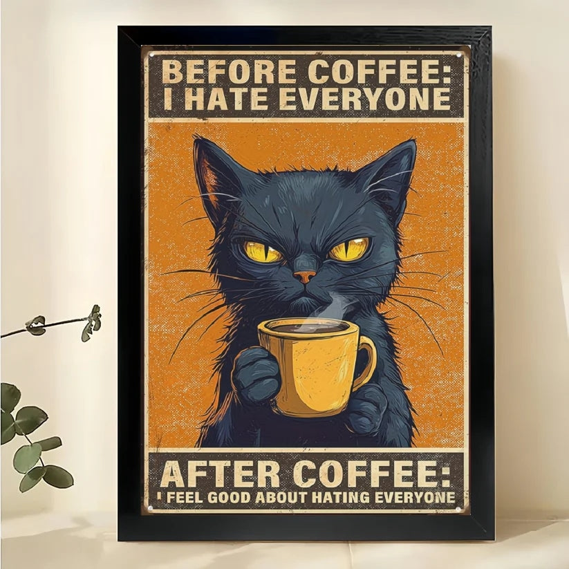 Before/After Coffee Sassy Black Cat – Wall Art on Natural Wood Canvas