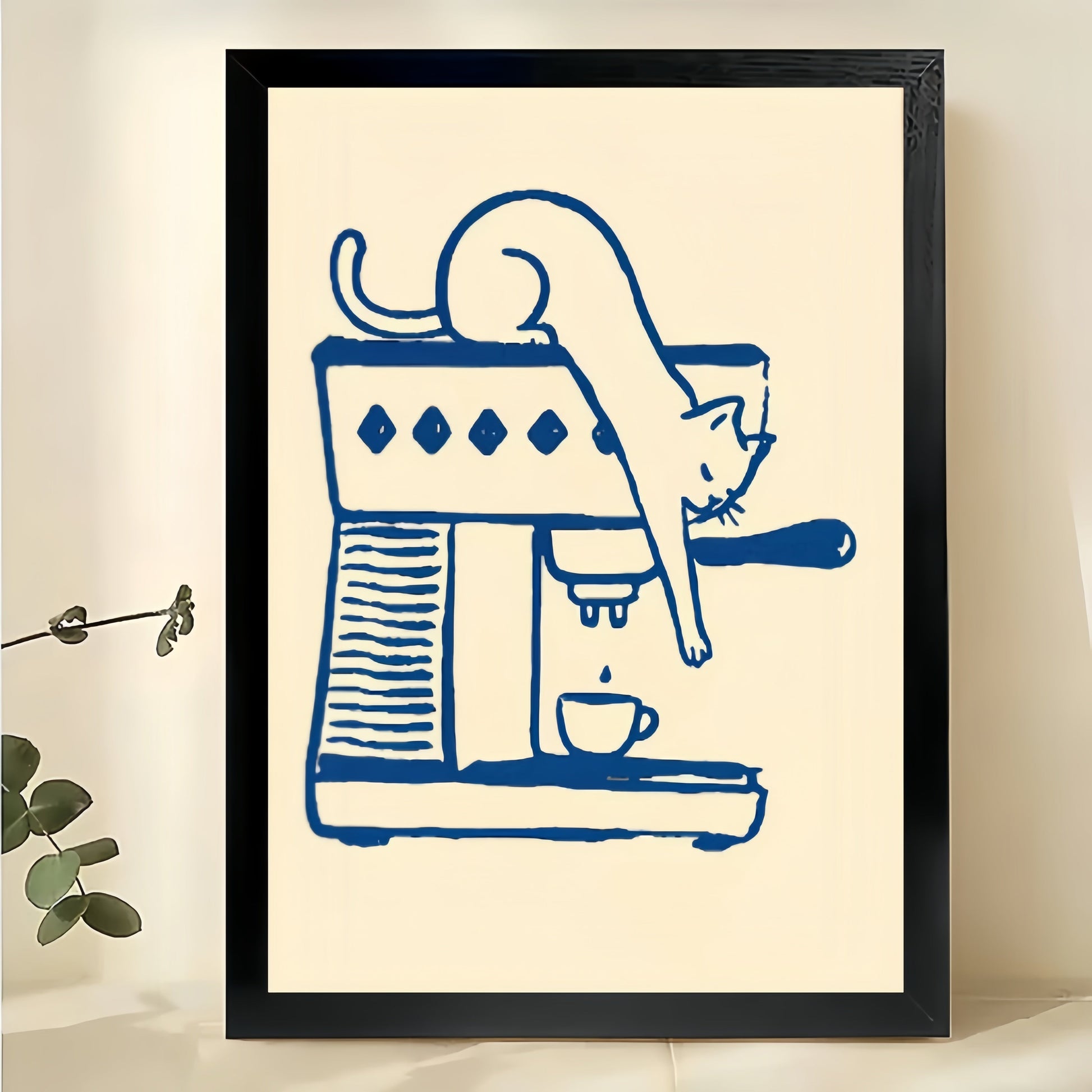Cat on Espresso Machine – Minimalist Coffee Cat Line Art Wall Art on Natural Wood Canvas