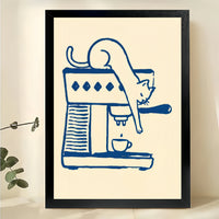 Cat on Espresso Machine – Minimalist Coffee Cat Line Art Wall Art on Natural Wood Canvas